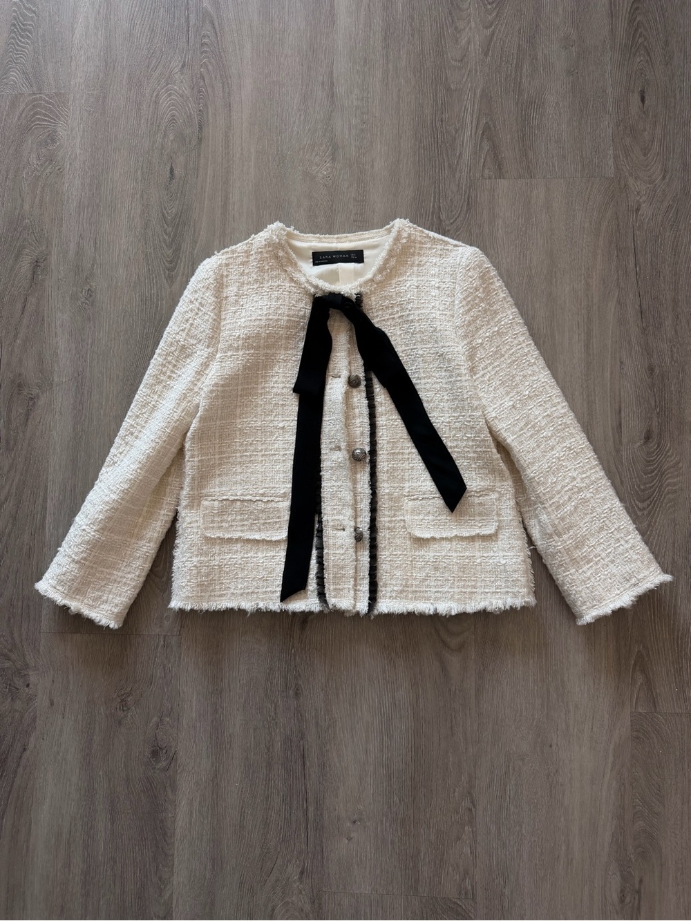 Zara Cream Bouclé Cropped Jacket with Black Ribbon Detail